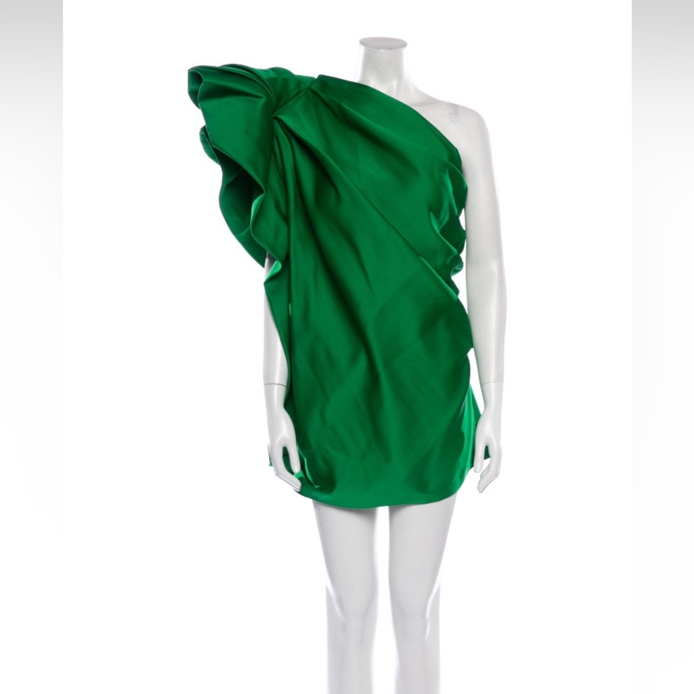 AZ FACTORY Green Satin Large Ruffle One Shoulder Mini Dress